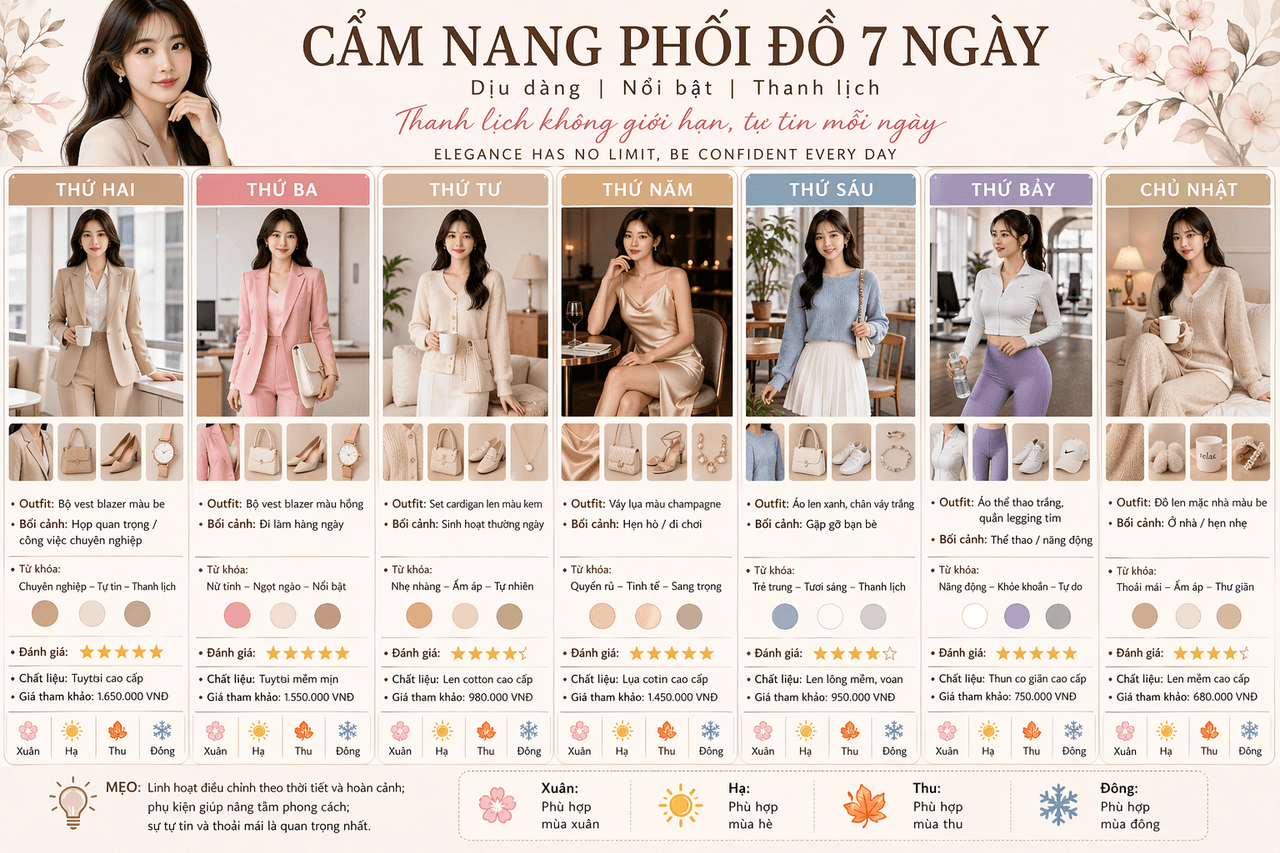 Prompt: Prompt AI tạo cẩm nang phối đồ 7 ngày sành điệu